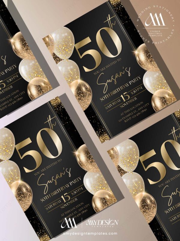 Luxury Black Gold 50th Birthday Invite Template | Editable Birthday Invitation | Canva Template Luxury Black Gold 50th Birthday Invite Template | Editable Birthday Invitation | Canva Template
