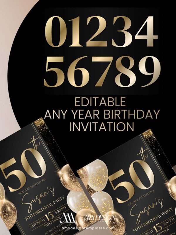 Luxury Black Gold 50th Birthday Invite Template | Editable Birthday Invitation | Canva Template Luxury Black Gold 50th Birthday Invite Template | Editable Birthday Invitation | Canva Template