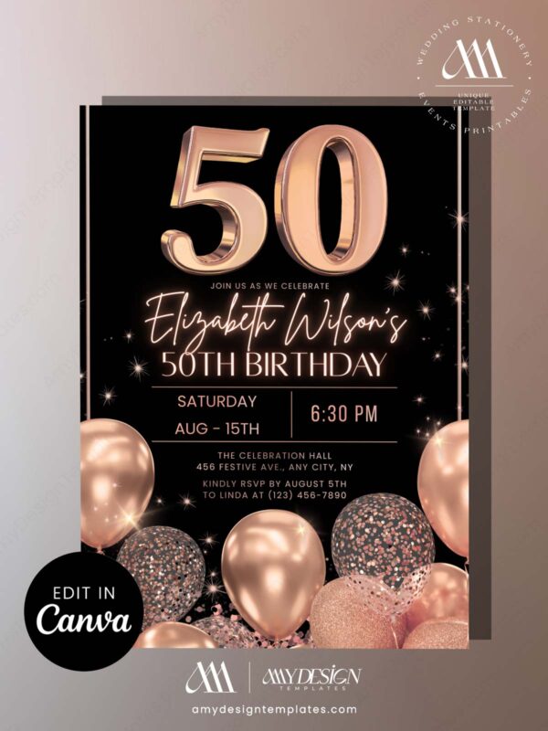 Rose Gold Black 50th Birthday Party Invitation Canva Template | 30th 40th Birthday Printable Card