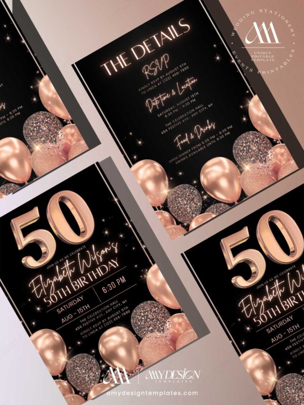 Rose Gold Black 50th Birthday Party Invitation Canva Template | 30th 40th Birthday Printable Card Rose Gold Black 50th Birthday Party Invitation Canva Template | 30th 40th Birthday Printable Card