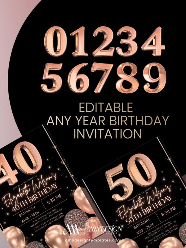 Rose Gold Black 50th Birthday Party Invitation Canva Template | 30th 40th Birthday Printable Card Rose Gold Black 50th Birthday Party Invitation Canva Template | 30th 40th Birthday Printable Card
