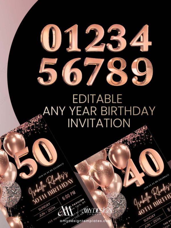 Luxury Rose Gold 30th 40th 50th Birthday Invitation Card Canva Template | Elegant Rose Gold Birthday Editable Any Age Luxury Rose Gold 30th 40th 50th Birthday Invitation Card Canva Template | Elegant Rose Gold Birthday Editable Any Age