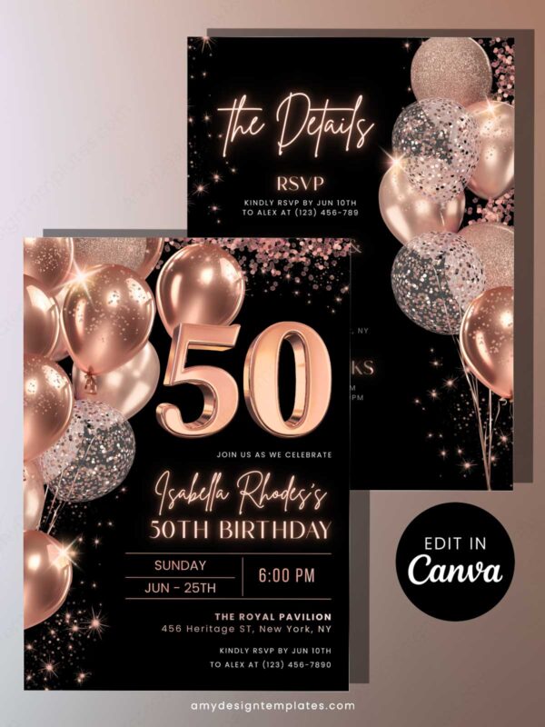 Luxury Rose Gold 30th 40th 50th Birthday Invitation Card Canva Template | Elegant Rose Gold Birthday Editable Any Age