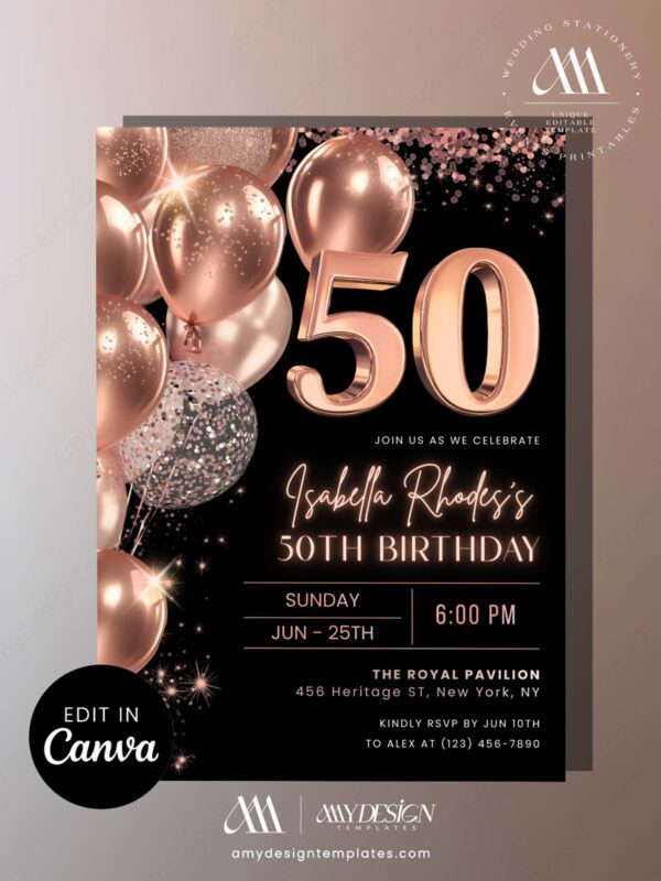 Luxury Rose Gold 30th 40th 50th Birthday Invitation Card Canva Template | Elegant Rose Gold Birthday Editable Any Age