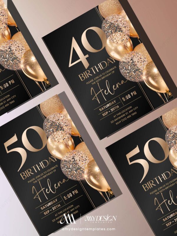 Minimalist Black Gold 30th 40th 50th Birthday Invitation | Elegant Any Age Birthday Card | Editable Canva Template Minimalist Black Gold 30th 40th 50th Birthday Invitation | Elegant Any Age Birthday Card | Editable Canva Template
