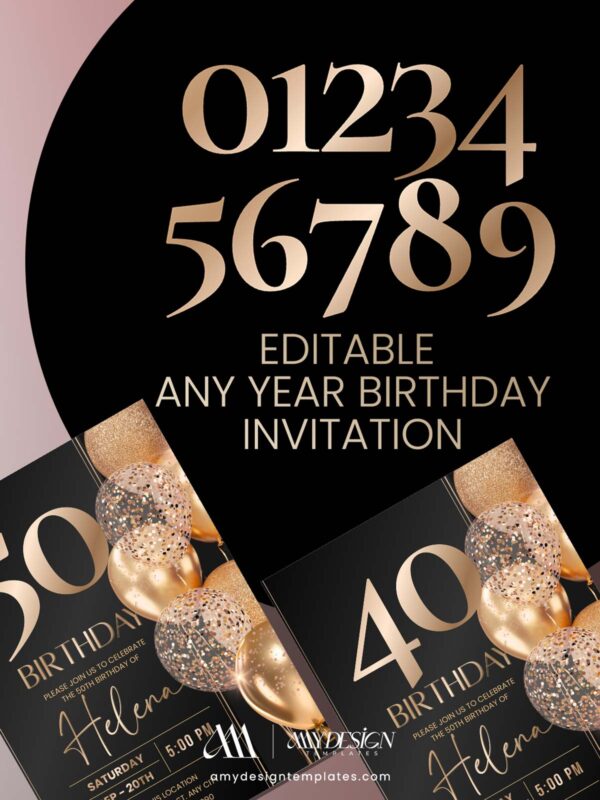 Minimalist Black Gold 30th 40th 50th Birthday Invitation | Elegant Any Age Birthday Card | Editable Canva Template Minimalist Black Gold 30th 40th 50th Birthday Invitation | Elegant Any Age Birthday Card | Editable Canva Template