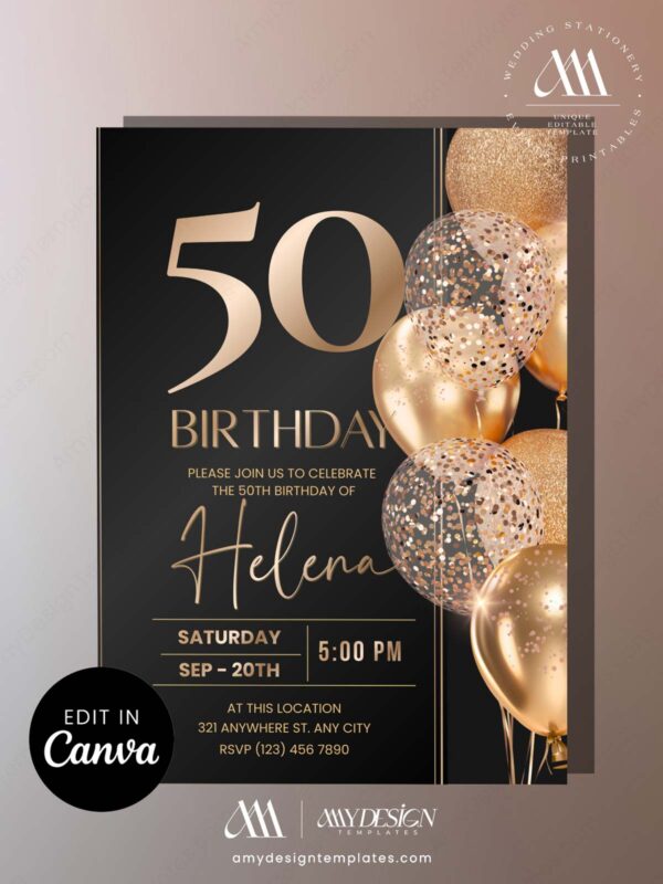 Minimalist Black Gold 30th 40th 50th Birthday Invitation | Elegant Any Age Birthday Card | Editable Canva Template