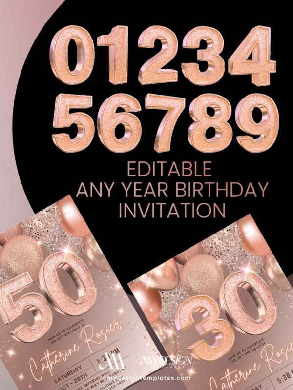 Sparkling Rose Gold 30th 40th 50th Birthday Invitation | Elegant Any Age Birthday Card Canva Template Sparkling Rose Gold 30th 40th 50th Birthday Invitation | Elegant Any Age Birthday Card Canva Template