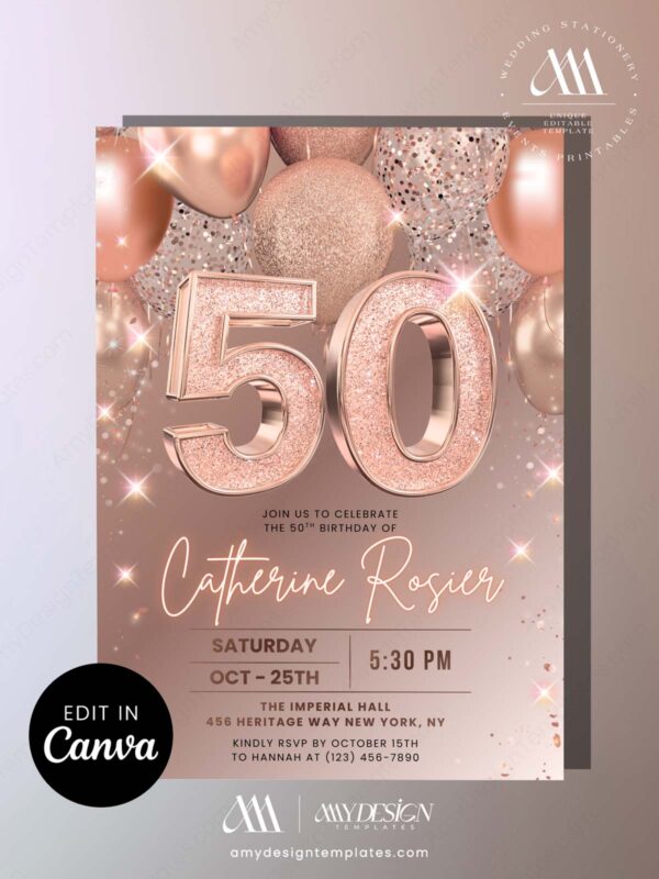 Sparkling Rose Gold 30th 40th 50th Birthday Invitation | Elegant Any Age Birthday Card Canva Template Sparkling Rose Gold 30th 40th 50th Birthday Invitation | Elegant Any Age Birthday Card Canva Template