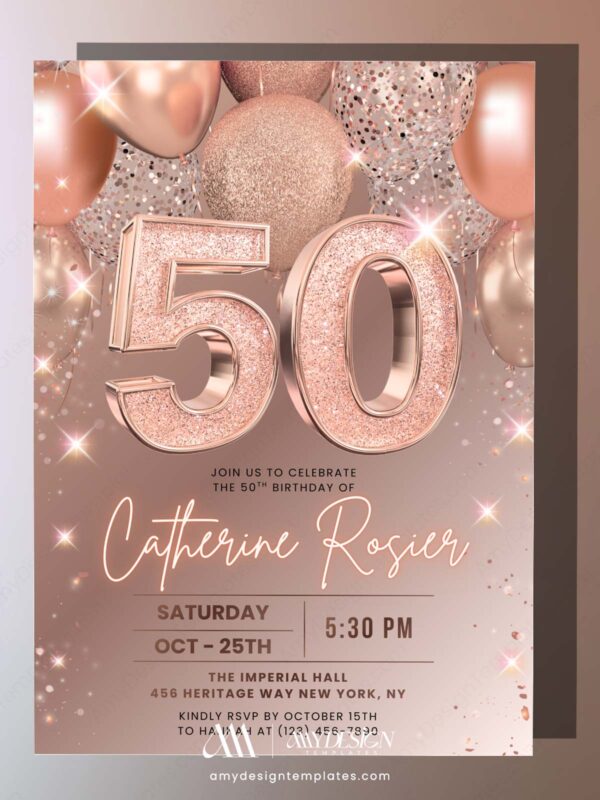 Sparkling Rose Gold 30th 40th 50th Birthday Invitation | Elegant Any Age Birthday Card Canva Template