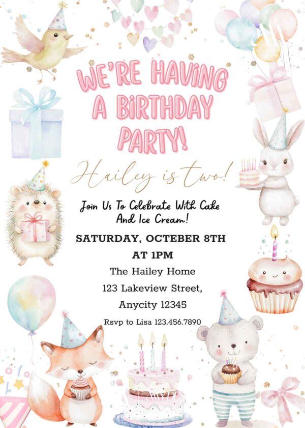 Sweet Animal Party Birthday Invitation Card Canva Template | Animal Friends Kids Birthday Invite