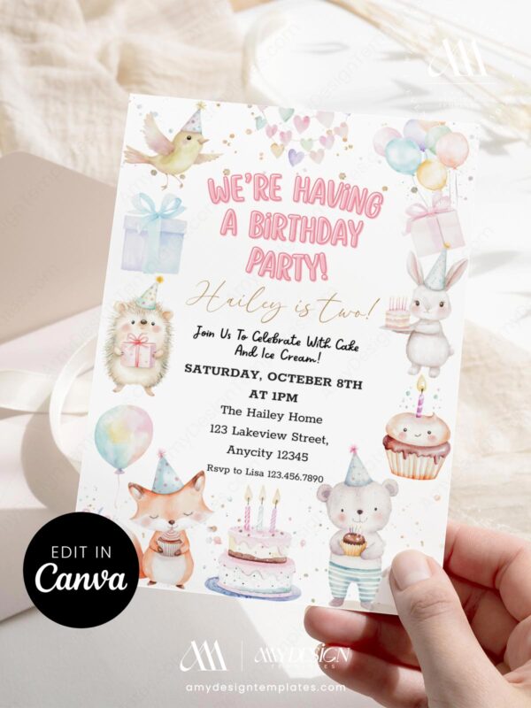 Sweet Animal Party Birthday Invitation Card Canva Template | Animal Friends Kids Birthday Invite