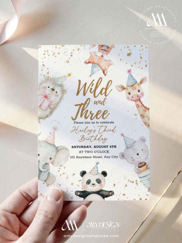 Wild and Three Animal Party Birthday Invitation Canva Template Editable | Safari Friends Animals Birthday Invite Printable