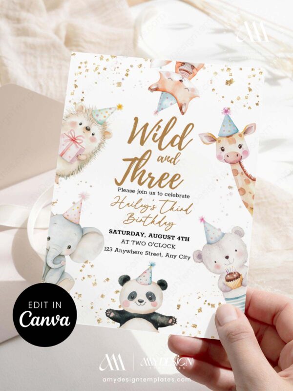Wild and Three Animal Party Birthday Invitation Canva Template Editable | Safari Friends Animals Birthday Invite Printable