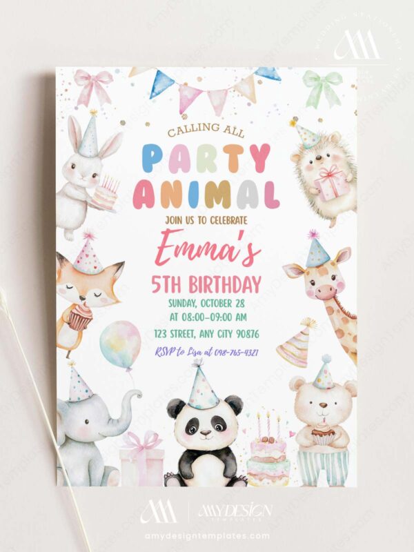 Colorful Animal Birthday Party Invitation Template | Safari Friends Birthday Invite Card Canva Editable