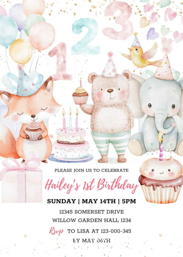 Sweet One 1st Birthday Invitation Card Template | Adorable Baby Animal Party Invite | Editable Canva Template