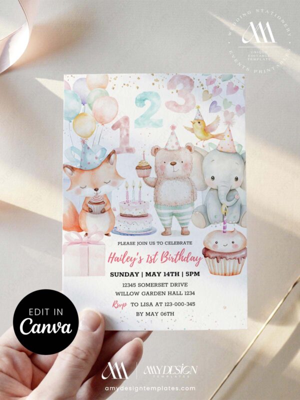 Sweet One 1st Birthday Invitation Card Template | Adorable Baby Animal Party Invite | Editable Canva Template