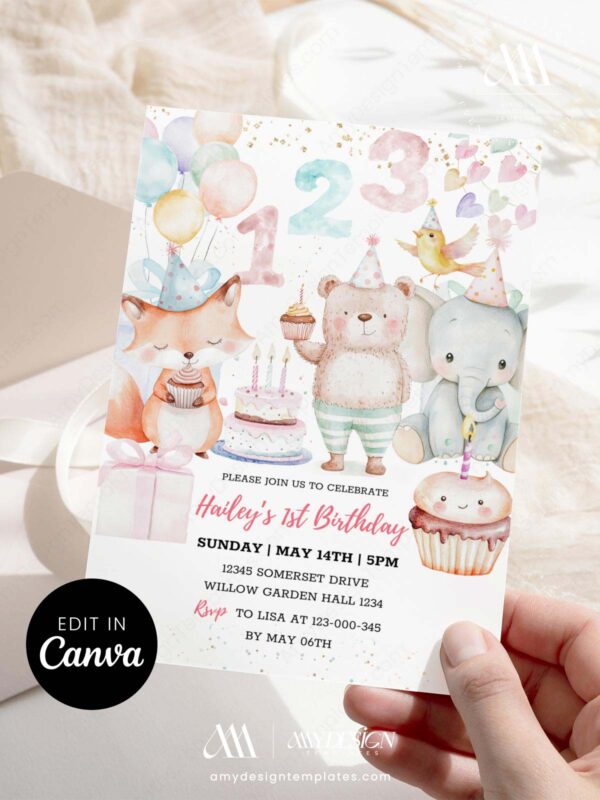 Sweet One 1st Birthday Invitation Card Template | Adorable Baby Animal Party Invite | Editable Canva Template