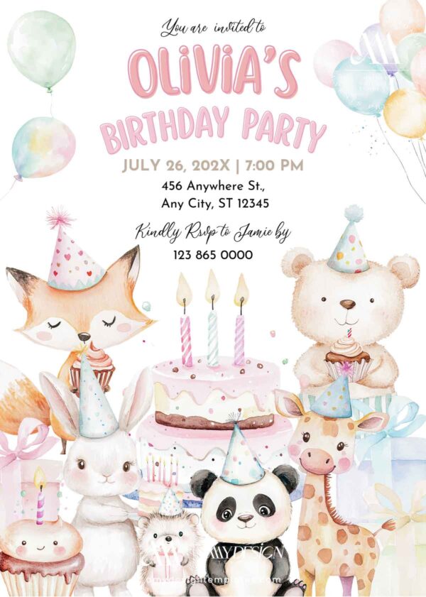 Safari Animal Birthday Invitation for Kids | Whimsical Baby Birthday Party Theme | Editable Canva Template