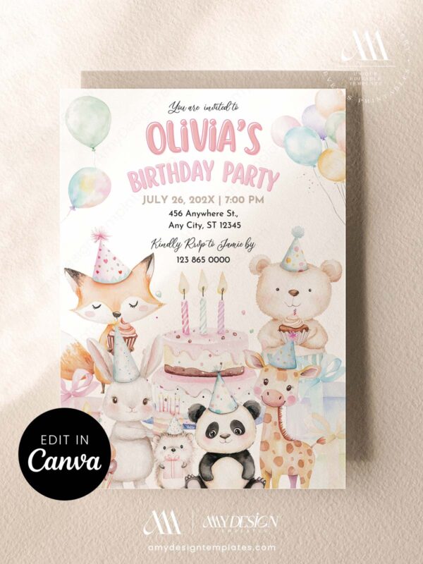 Safari Animal Birthday Invitation for Kids | Whimsical Baby Birthday Party Theme | Editable Canva Template