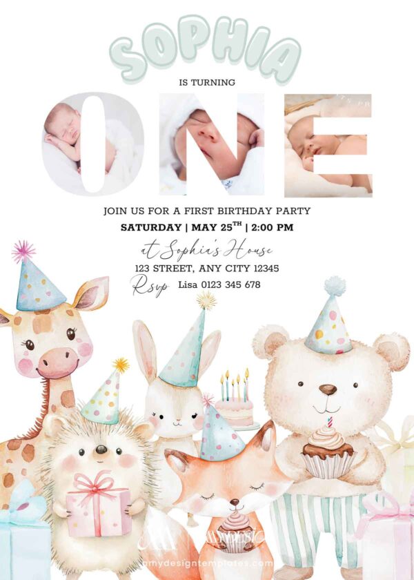 1st Birthday Invitation Canva Template with Photo | Animal Party Invite with ONE Photo Frame | Kids Birthday Printable Card