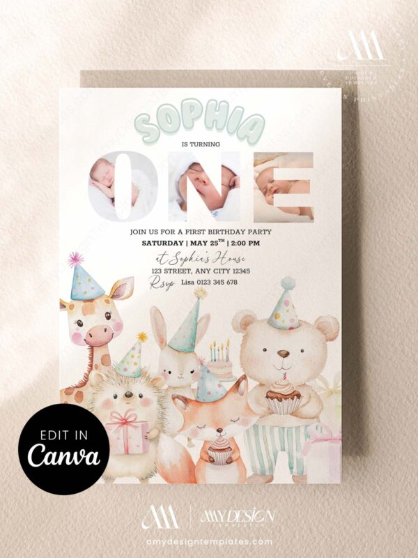 1st Birthday Invitation Canva Template with Photo | Animal Party Invite with ONE Photo Frame | Kids Birthday Printable Card