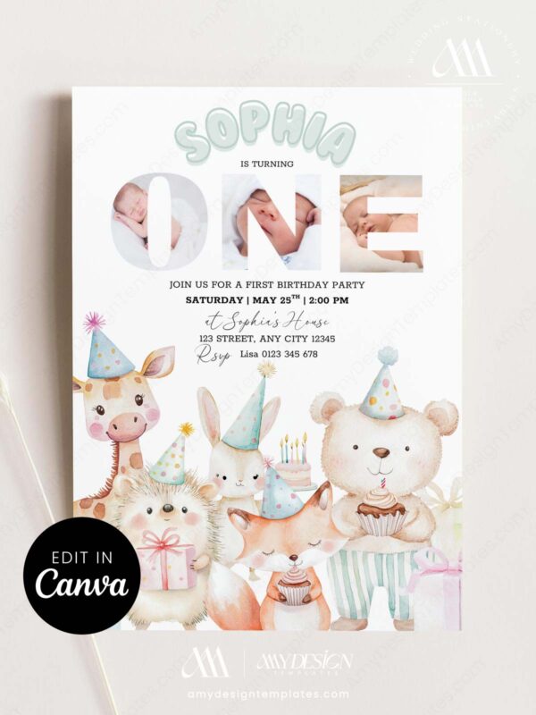 1st Birthday Invitation Canva Template with Photo | Animal Party Invite with ONE Photo Frame | Kids Birthday Printable Card