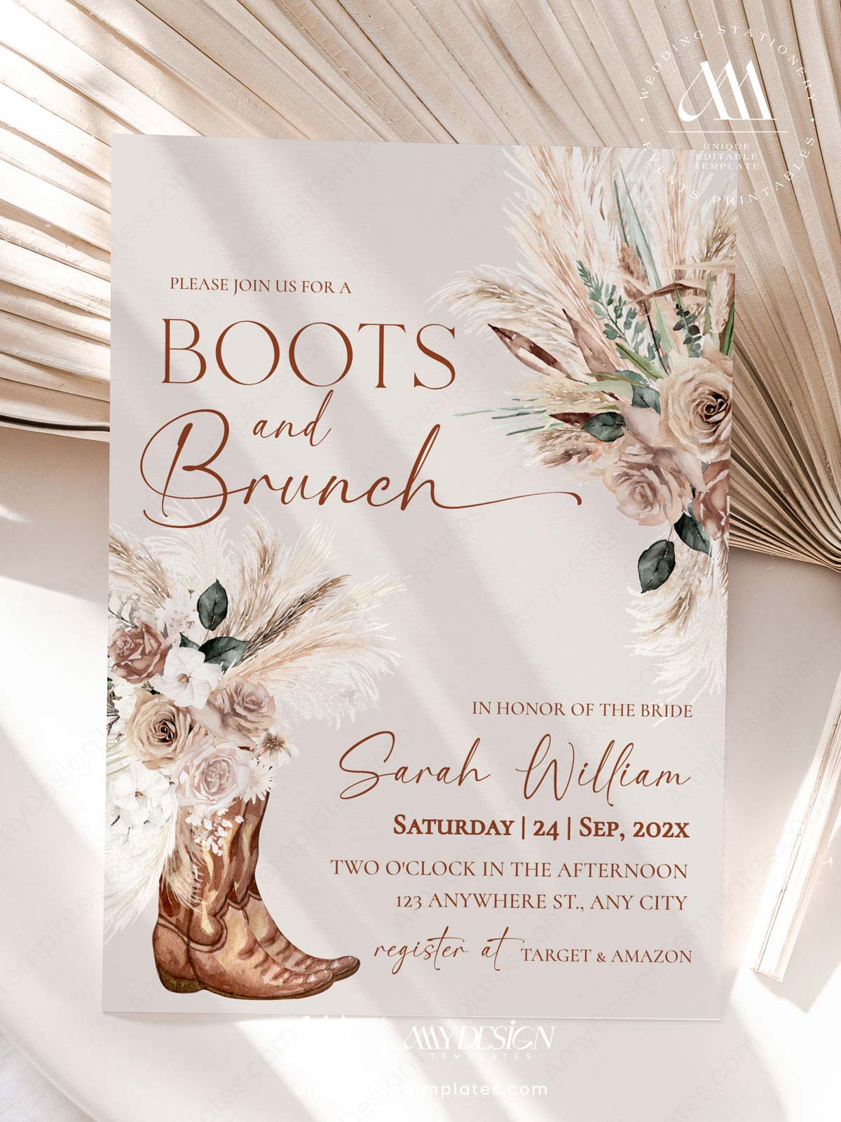 Boots Brunch Bridal Shower Invitation | Rustic Boho Pampas Floral Cowgirl Theme Boots Brunch Bridal Shower Invitation | Rustic Boho Pampas Floral Cowgirl Theme