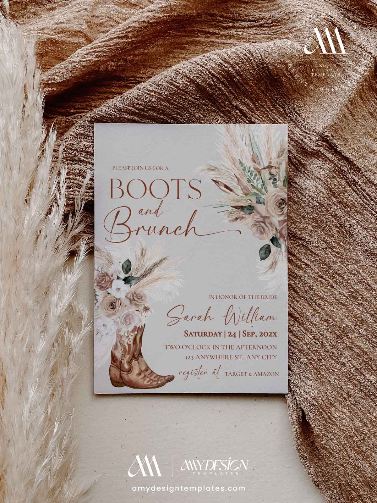 Boots Brunch Bridal Shower Invitation | Rustic Boho Pampas Floral Cowgirl Theme Boots Brunch Bridal Shower Invitation | Rustic Boho Pampas Floral Cowgirl Theme