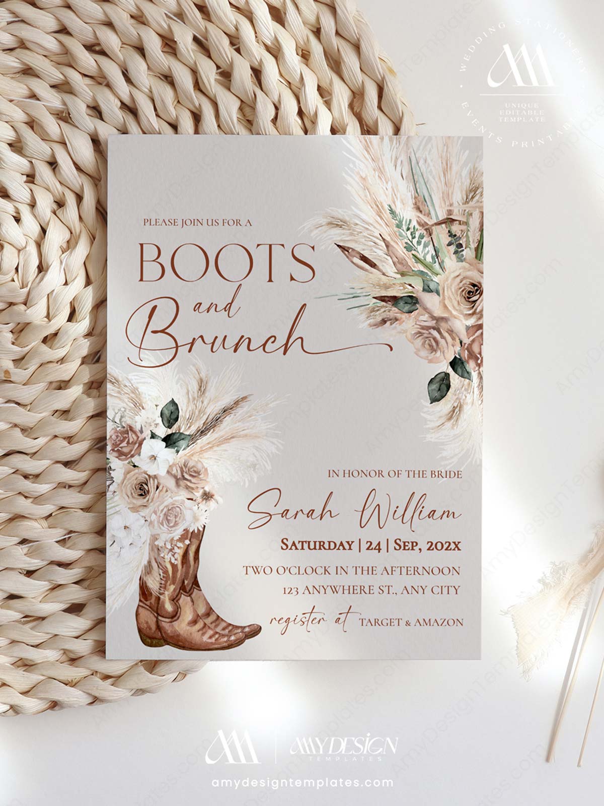 Boots Brunch Bridal Shower Invitation | Rustic Boho Pampas Floral Cowgirl Theme Boots Brunch Bridal Shower Invitation | Rustic Boho Pampas Floral Cowgirl Theme