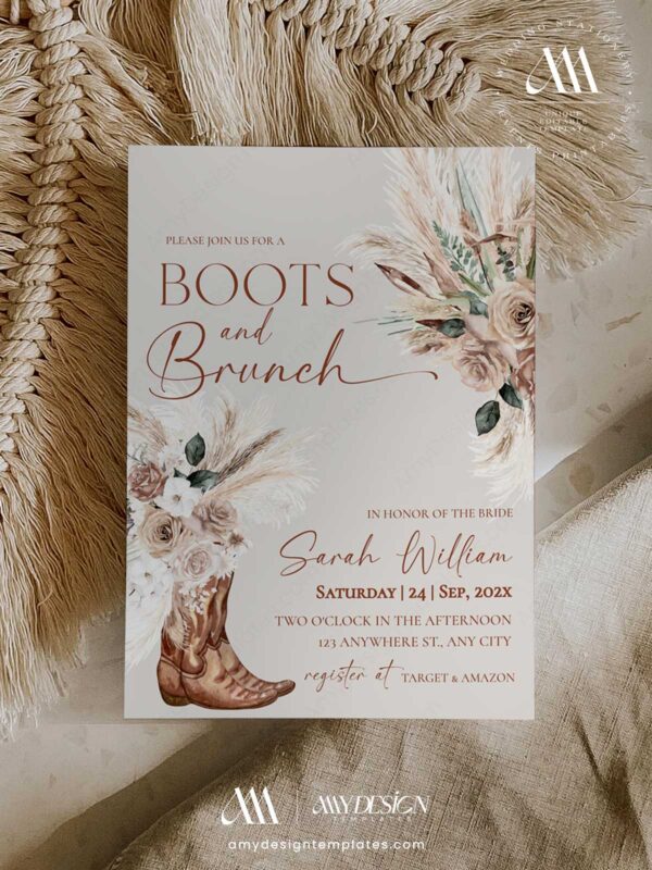 Boots Brunch Bridal Shower Invitation | Rustic Boho Pampas Floral Cowgirl Theme
