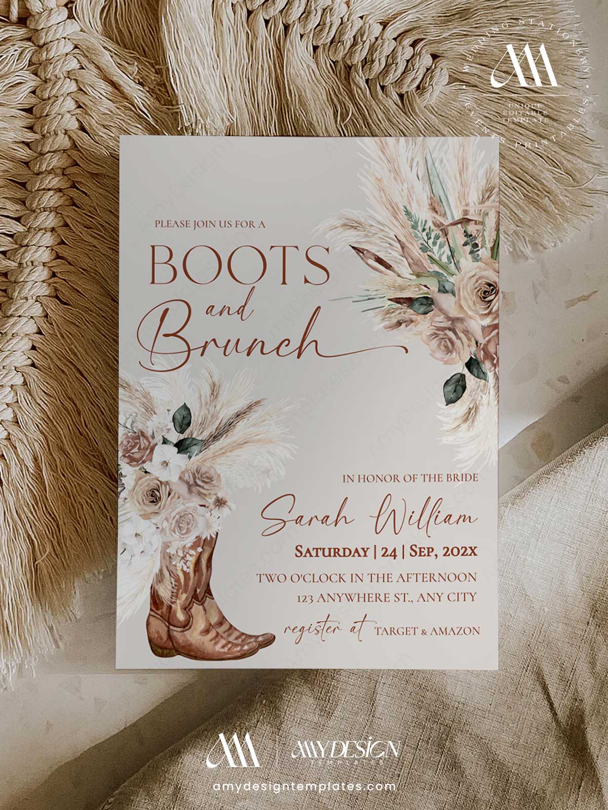 Boots Brunch Bridal Shower Invitation | Rustic Boho Pampas Floral Cowgirl Theme Boots Brunch Bridal Shower Invitation | Rustic Boho Pampas Floral Cowgirl Theme