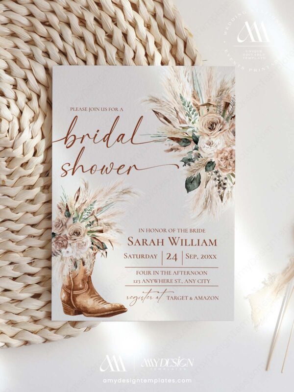 Western Boots Bridal Shower Invitation | Rustic Boho Cowgirl Template | Pampas Grass Desert Floral Wedding Shower Invite
