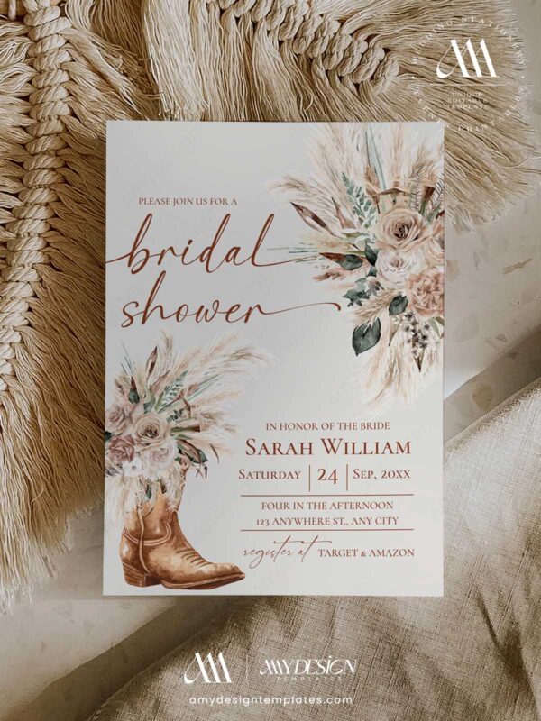 Western Boots Bridal Shower Invitation | Rustic Boho Cowgirl Template | Pampas Grass Desert Floral Wedding Shower Invite