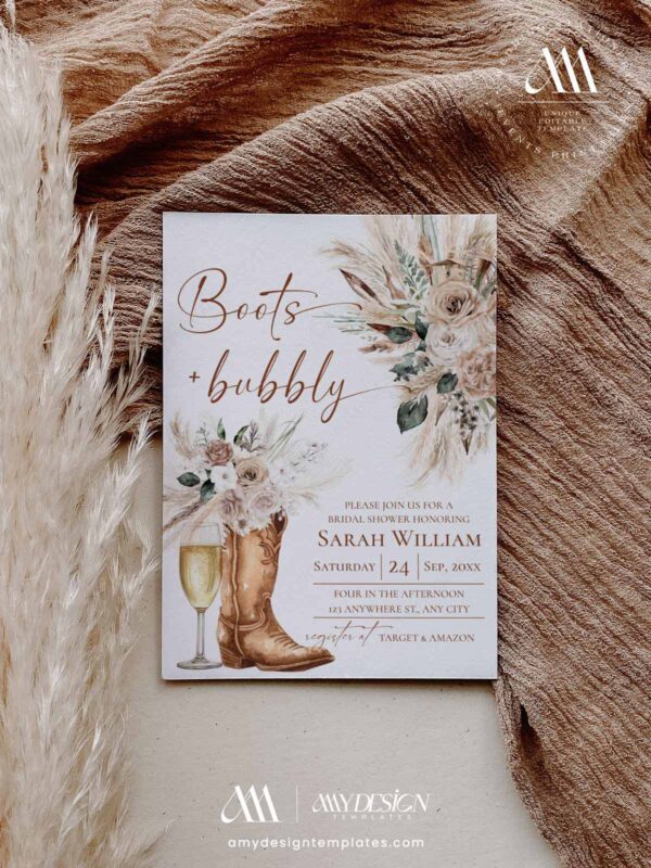 Boots Bubbly Bridal Shower Invitation | Western Cowgirl Bridal Party | Champagne Rustic Desert Pampas Neutral Boho Wedding Shower