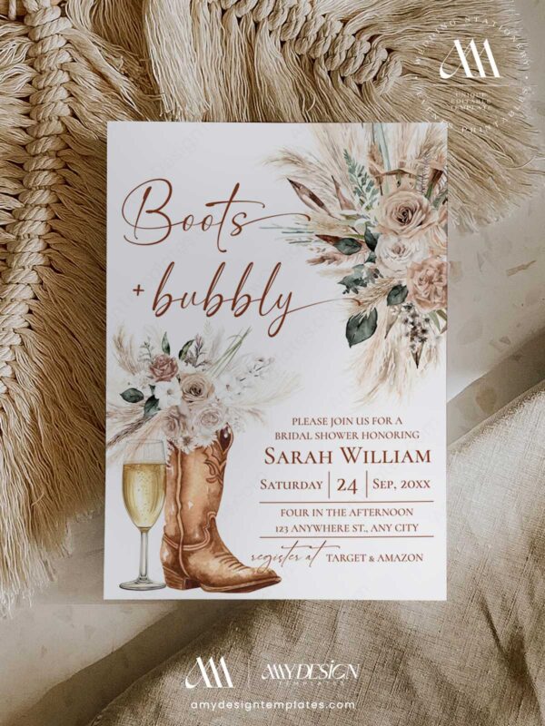 Boots Bubbly Bridal Shower Invitation | Western Cowgirl Bridal Party | Champagne Rustic Desert Pampas Neutral Boho Wedding Shower