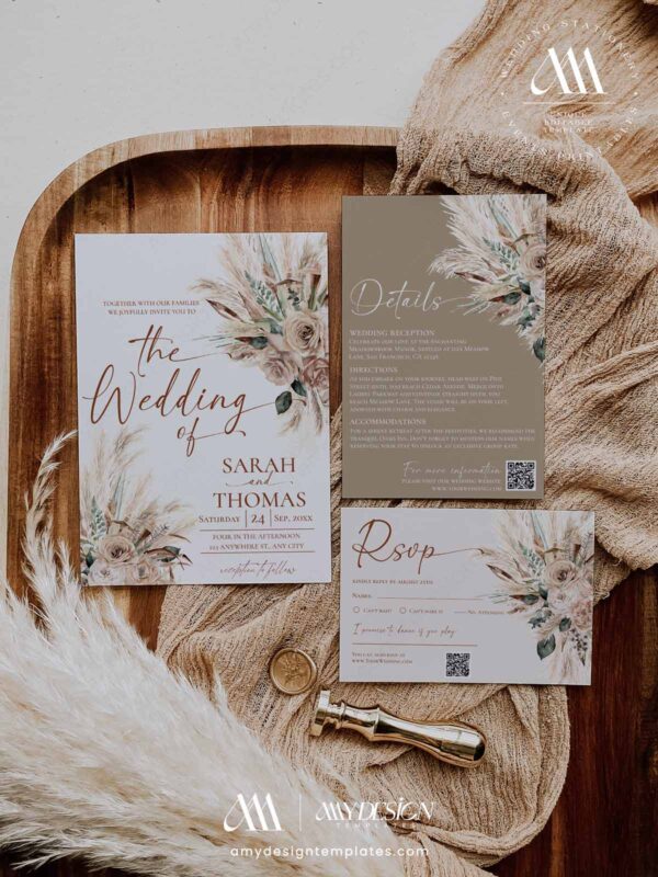 Western Boots Bridal Shower Invitation | Rustic Boho Cowgirl Template | Pampas Grass Desert Floral Wedding Shower Invite Rustic Tan Boho Fall Wedding Invitation Suite Template Printable | Terracotta Bohemian Wedding RSVP Stationery | Cream Rose Wedding Invite Set