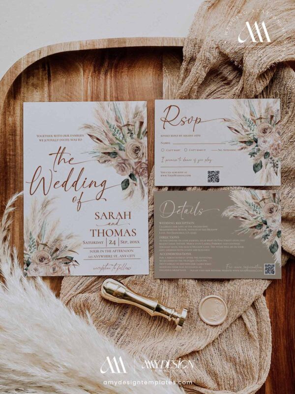 Rustic Tan Boho Fall Wedding Invitation Suite Template Printable | Terracotta Bohemian Wedding RSVP Stationery | Cream Rose Wedding Invite Set