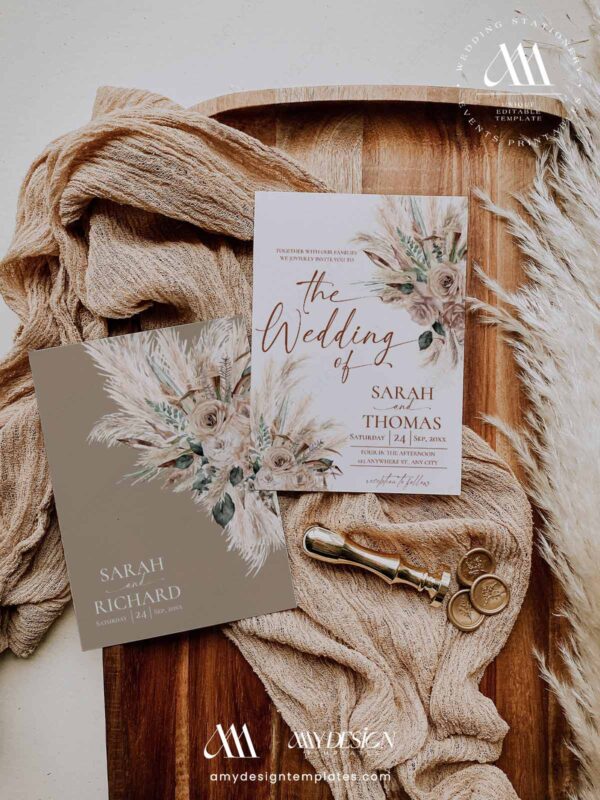 Western Boots Bridal Shower Invitation | Rustic Boho Cowgirl Template | Pampas Grass Desert Floral Wedding Shower Invite Rustic Tan Boho Wedding Invitation Card | Desert Fall Wedding Invite Template Printable | Neutral Beige Terracotta Pampas