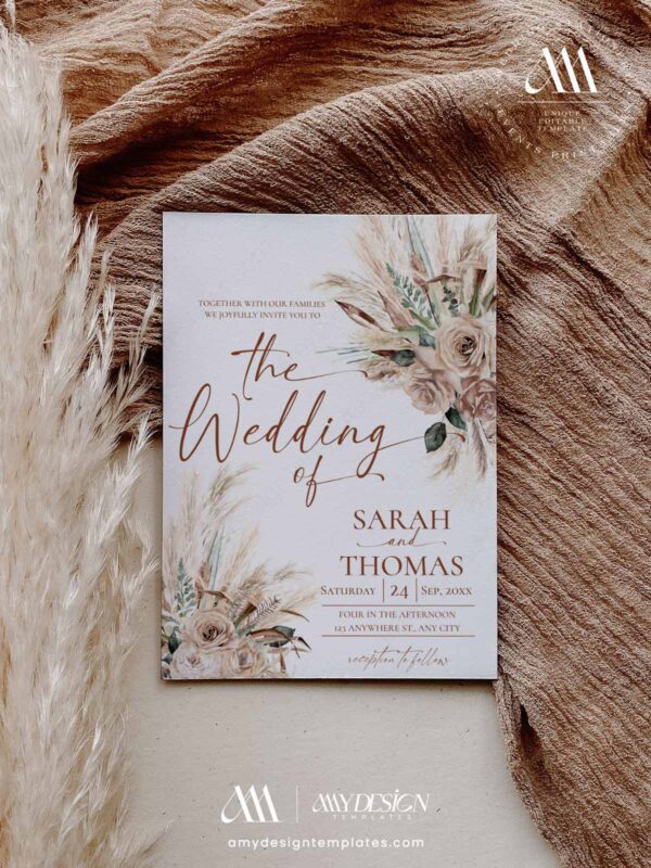 Rustic Tan Boho Wedding Invitation Card | Desert Fall Wedding Invite Template Printable | Neutral Beige Terracotta Pampas