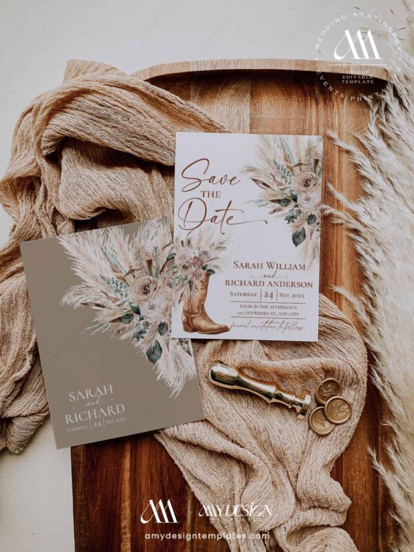 Rustic Western Boho Cowgirl Boots Save the Date Card Template | Desert Boho Pampas Grass Wedding Announcement