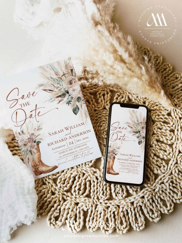Western Boots Bridal Shower Invitation | Rustic Boho Cowgirl Template | Pampas Grass Desert Floral Wedding Shower Invite Rustic Western Boho Cowgirl Boots Save the Date Card Template | Desert Boho Pampas Grass Wedding Announcement