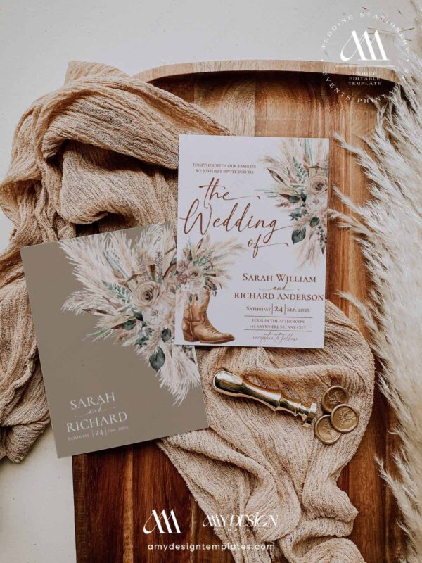 Western Boots Bridal Shower Invitation | Rustic Boho Cowgirl Template | Pampas Grass Desert Floral Wedding Shower Invite Western Floral Boots Wedding Invitation Card | Cowboy Boot Desert Fall Wedding Invite | Cream Rose Pampas Grass Stationery