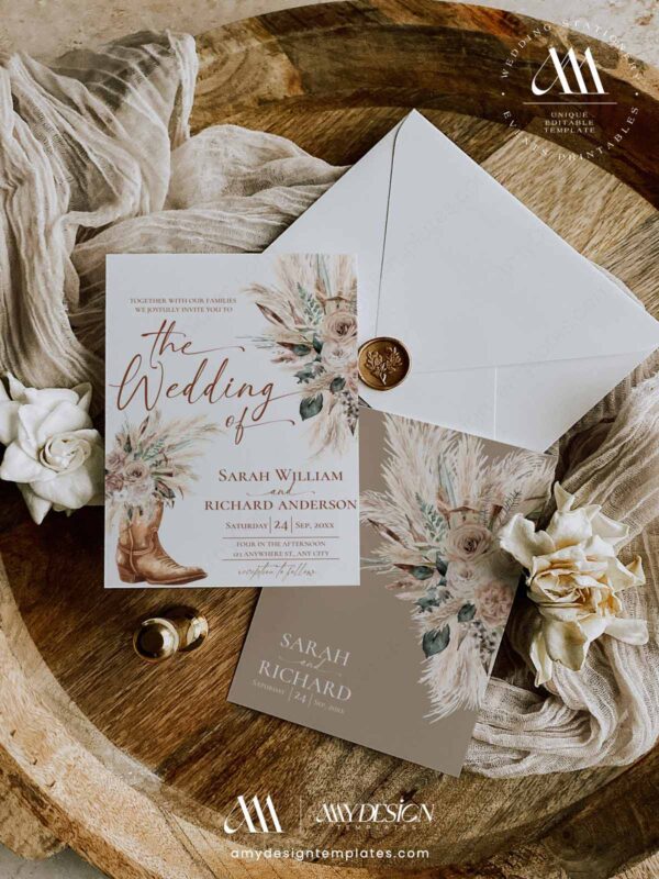 Western Floral Boots Wedding Invitation Card | Cowboy Boot Desert Fall Wedding Invite | Cream Rose Pampas Grass Stationery