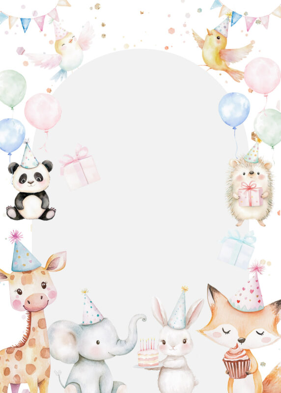 Free Blank Animal Party Birthday Invitation Card Printable White Background Template