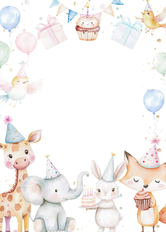 Free Blank Animal Party Birthday Invitation Card Printable White Background Template