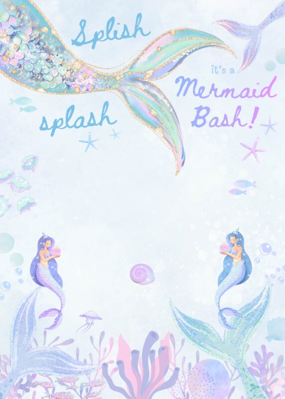 Free Mermaid Birthday Party Invitations Background Blank Card