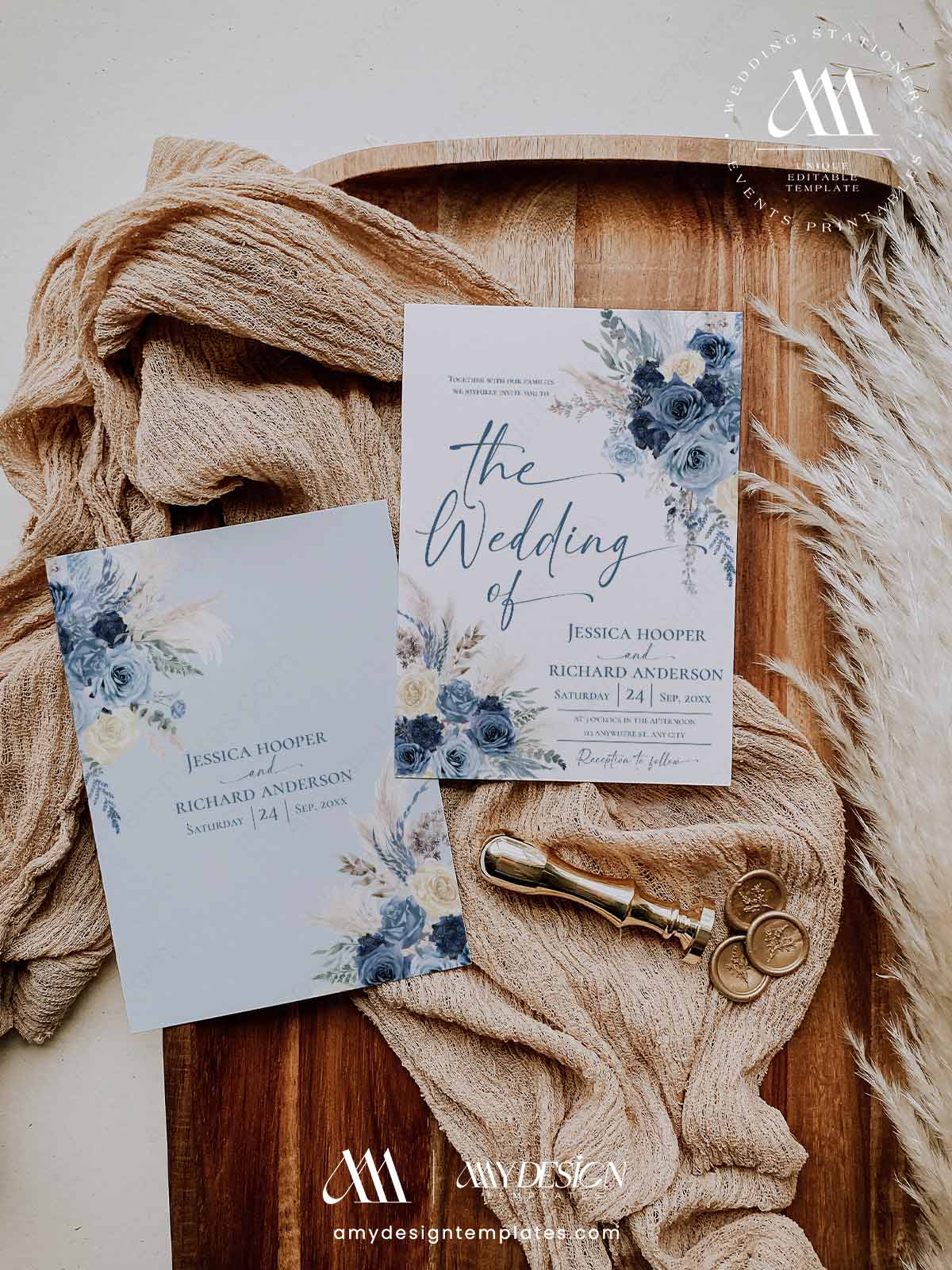 Navy Dusty Blue Wedding Invitation Suite Template | Boho Rustic Rose Pampas Grass Wedding Invite Card Navy Dusty Blue Wedding Invitation Suite Template | Boho Rustic Rose Pampas Grass Wedding Invite Card
