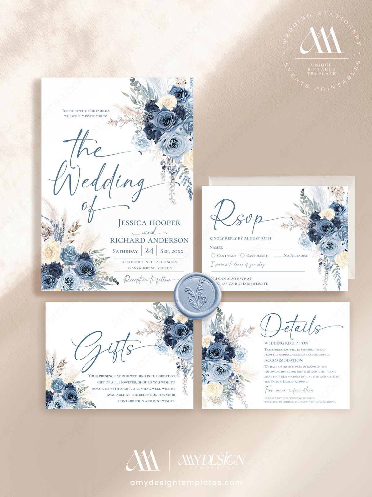 Navy Dusty Blue Wedding Invitation Suite Template | Boho Rustic Rose Pampas Grass Wedding Invite Card Navy Dusty Blue Wedding Invitation Suite Template | Boho Rustic Rose Pampas Grass Wedding Invite Card