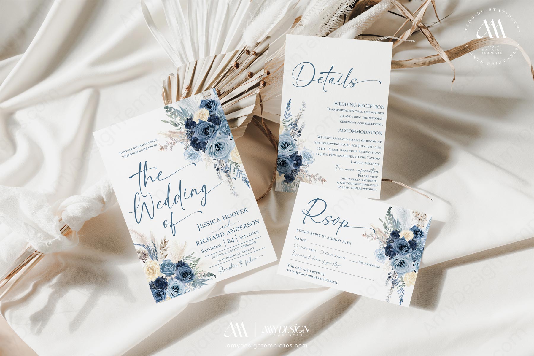 Navy Dusty Blue Wedding Invitation Suite Template | Boho Rustic Rose Pampas Grass Wedding Invite Card Navy Dusty Blue Wedding Invitation Suite Template | Boho Rustic Rose Pampas Grass Wedding Invite Card